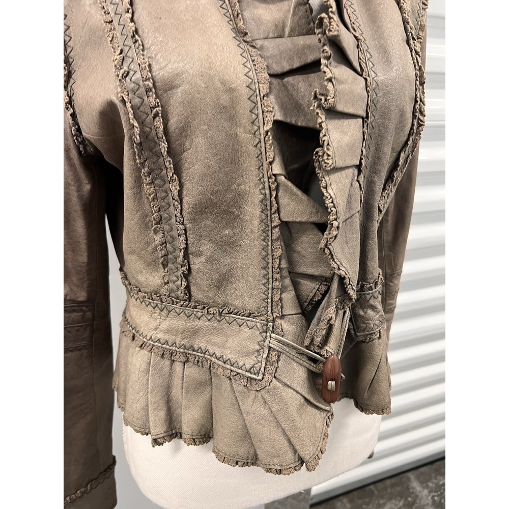 Vintage Y2K Moda International Grey Brown Genuine Leather Ruffle Jacket - Picture 10 of 16